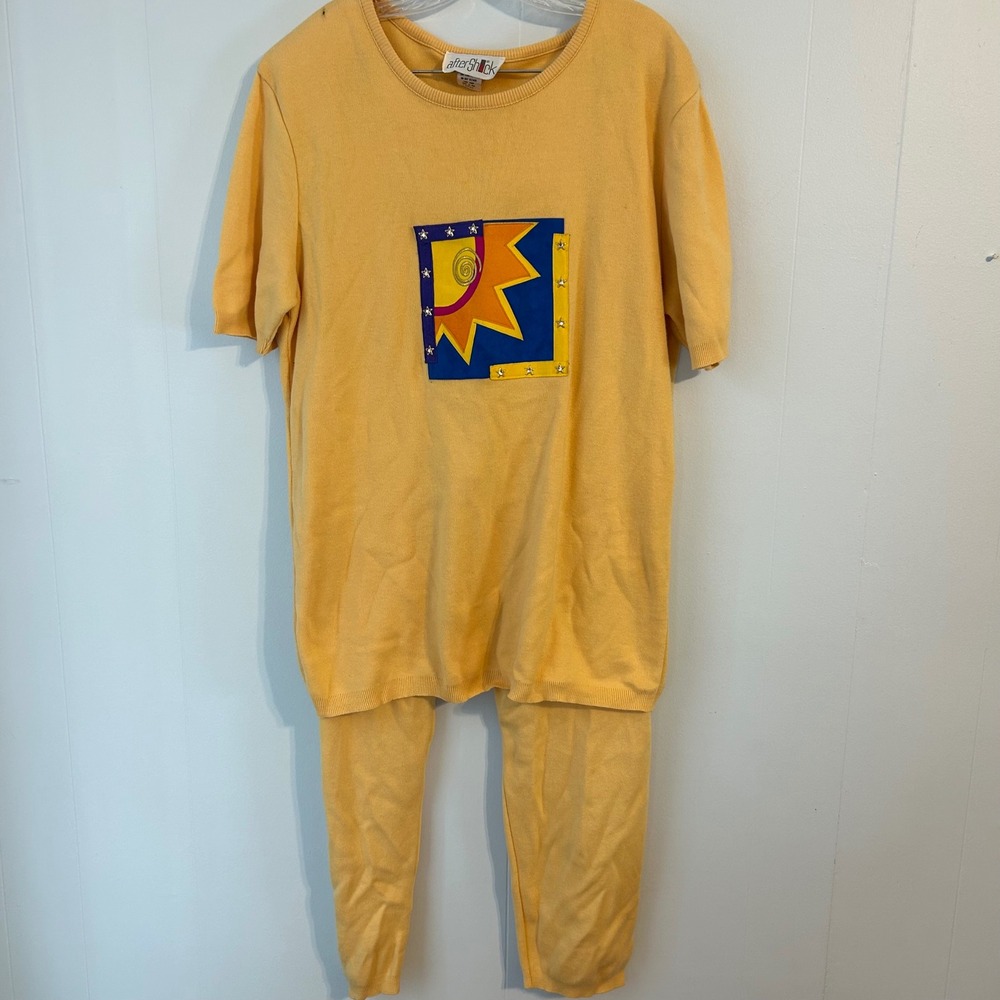 VTG After Shock Yellow Sun Graphic Knit Sweater Pants‎ Set Outfit L Made in USA